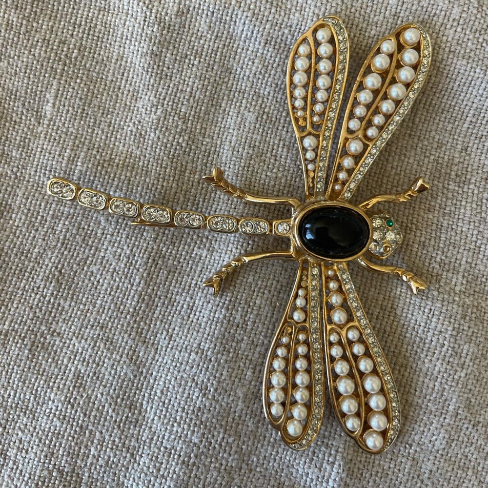 Gorgeous Vintage Dragon Fly Brooch black stone and faux pearls and rhinestones